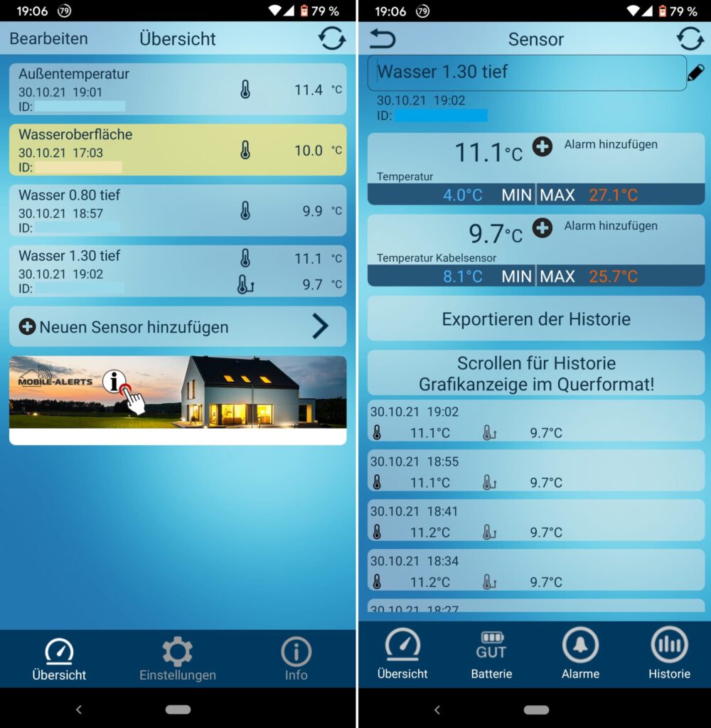 Smartphone Ansicht der Temperatursensoren in der Mobile Alerts App